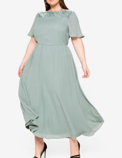 Chiffon-Abendkleid mitPailletten-Einsatz eukalyptus