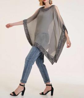 Designer-Chiffon-Poncho mit Perlen grau