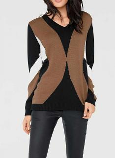 Designer-Intarsienpullover schwarz-cognac