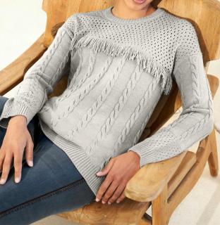 Designer-Kuschel-Pullover mit Zopfmuster hellgrau