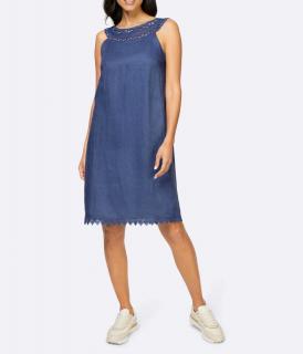 Designer-Leinenkleid mit Makrameespitze jeansblau