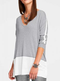 Designer-Oversized-Pullover mit Nieten grau-ecru