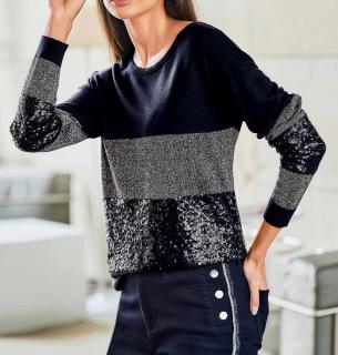 Designer-Pullover mit Pailletten marine-steingrau