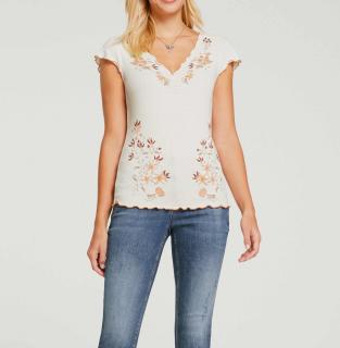 Designer-Rippenshirt mit Blüten-Print champagner