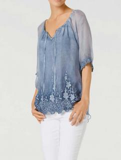 Designer-Seidenbluse mit Spitze jeansblau