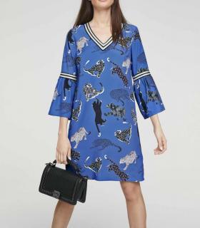 Druckkleid mit Volants blau-bunt