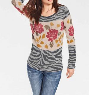 Druckpullover mit Strass grau-beige-bunt