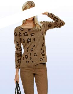 Leomuster-Pullover mit Strass cognac