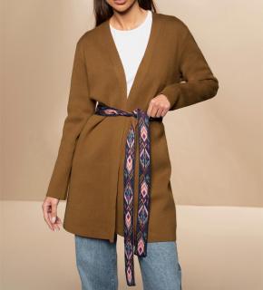 Long-Strickjacke mitGürtel in Ethno-Dessin cognac