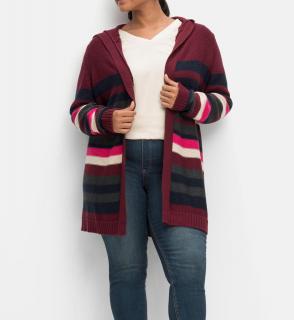 Longstrickjacke mitKapuze bordeaux-gestreift