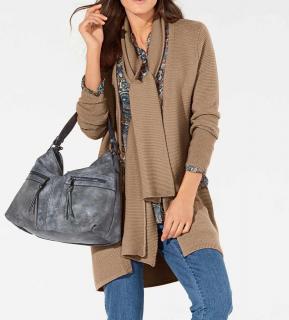 Merinowolle-Cardigan mit Schal camel