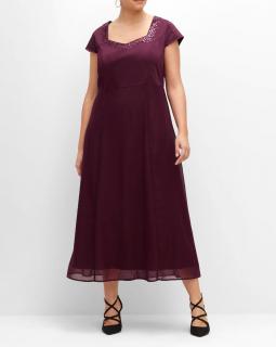 Satin-Chiffon-Abendkleid mit Pailletten aubergine