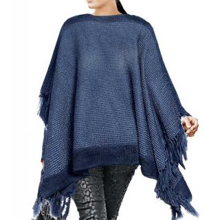 Strickponcho mit Fransen blau