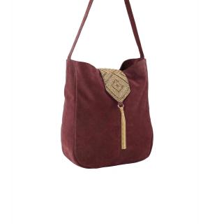 Veloursleder-Tasche mit Perlen bordeaux