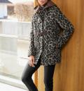 Animalprint-Woll-Dufflecoat schwarz-camel