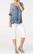 Designer-Seidenbluse mit Spitze jeansblau