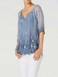 Designer-Seidenbluse mit Spitze jeansblau