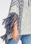 Marken-Strickponcho mit Fransen grau-melange