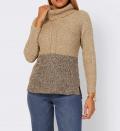 Rollkragen-Rippenstrickpullover camel-ecru-meliert