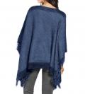 Strickponcho mit Fransen blau